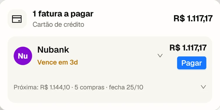 Tela inicial do Gastto com a fatura do Nubank: R$ 1.117,17, vence em 3 dias, botão Pagar e a próxima fatura de R$ 1.144,10, que fecha em 25/10.